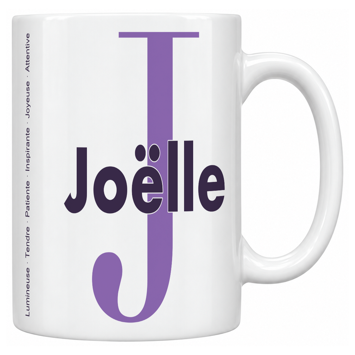 Mug blanc céramique 330 ml prénom Joëlle : grande initiale J, prénom Joëlle en lettres bold et six qualités verticales sur le côté