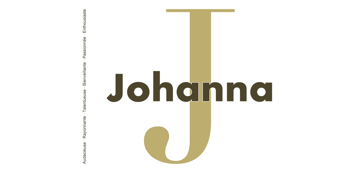 Visuel à plat du mug prénom Johanna : initiale J pleine hauteur, prénom Johanna centré et ligne verticale « Audacieuse · Rayonnante · Talentueuse · Bienveillante · Passionnée · Enthousiaste »
