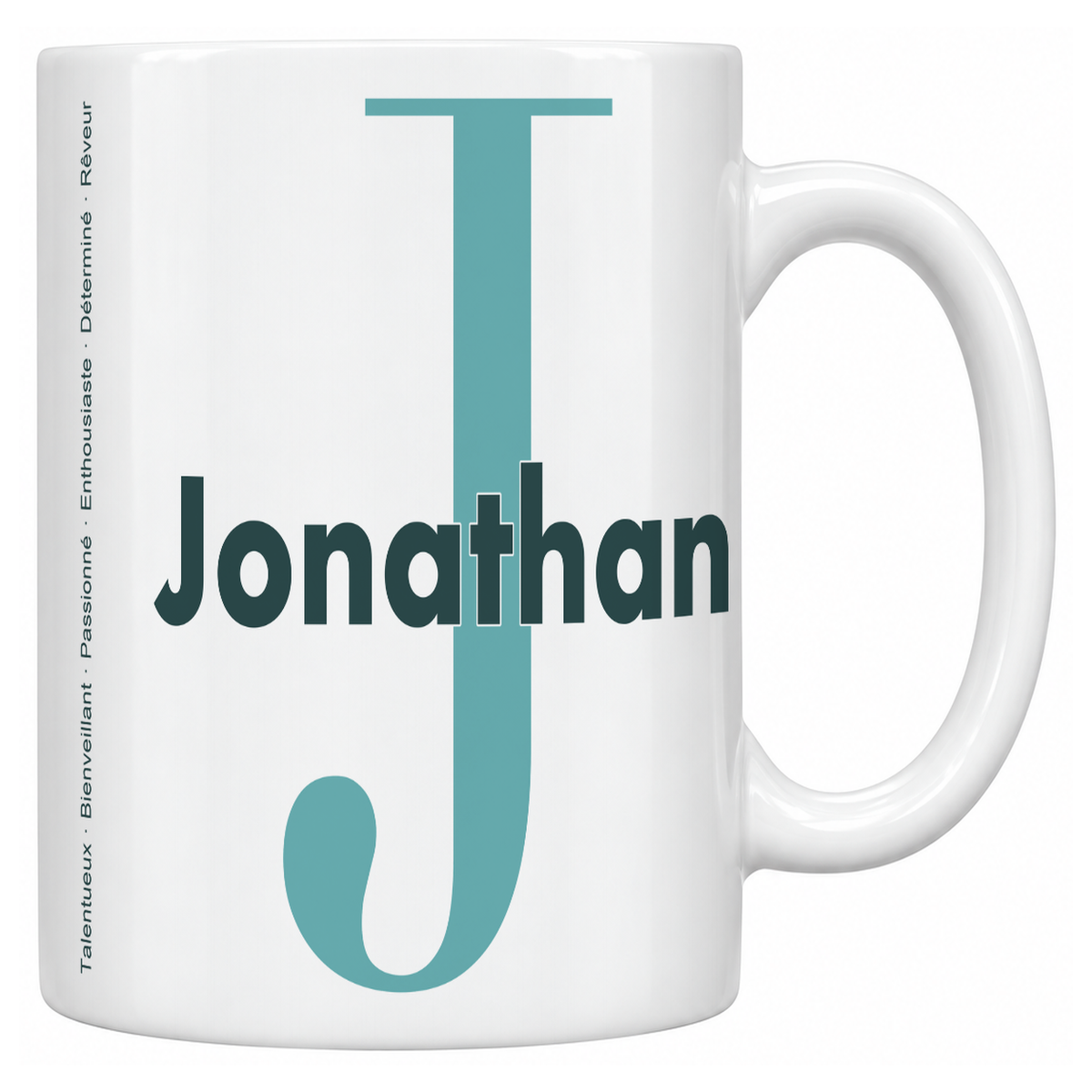 Mug blanc céramique 330 ml prénom Jonathan : grande initiale J, prénom Jonathan en lettres bold et six qualités verticales sur le côté