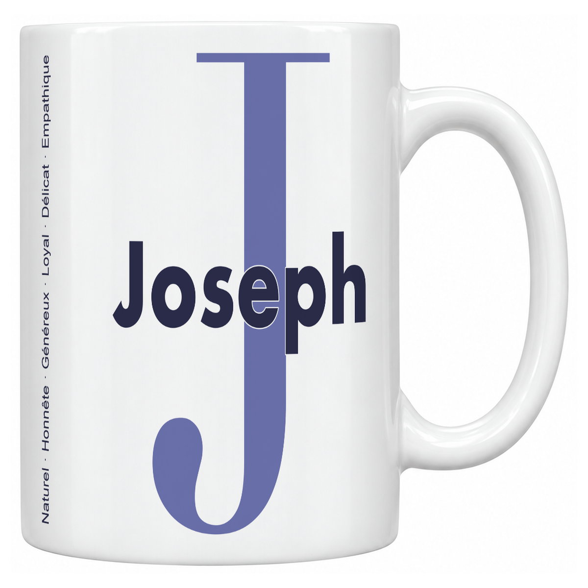 Mug blanc céramique 330 ml prénom Joseph : grande initiale J, prénom Joseph en lettres bold et six qualités verticales sur le côté