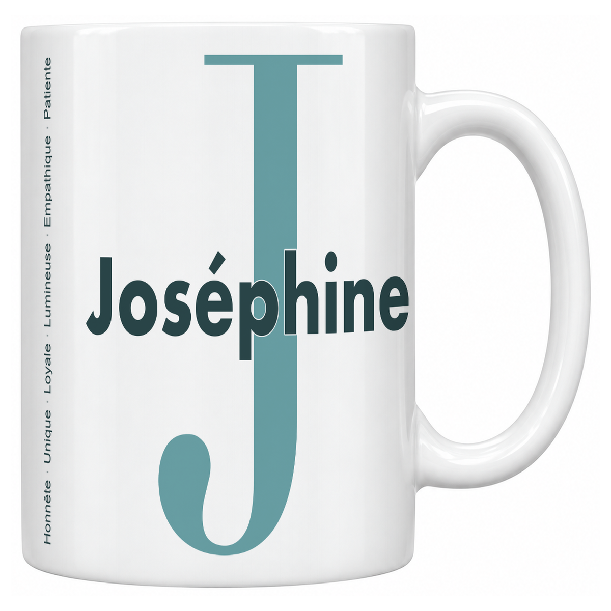 Mug blanc céramique 330 ml prénom Joséphine : grande initiale J, prénom Joséphine en lettres bold et six qualités verticales sur le côté