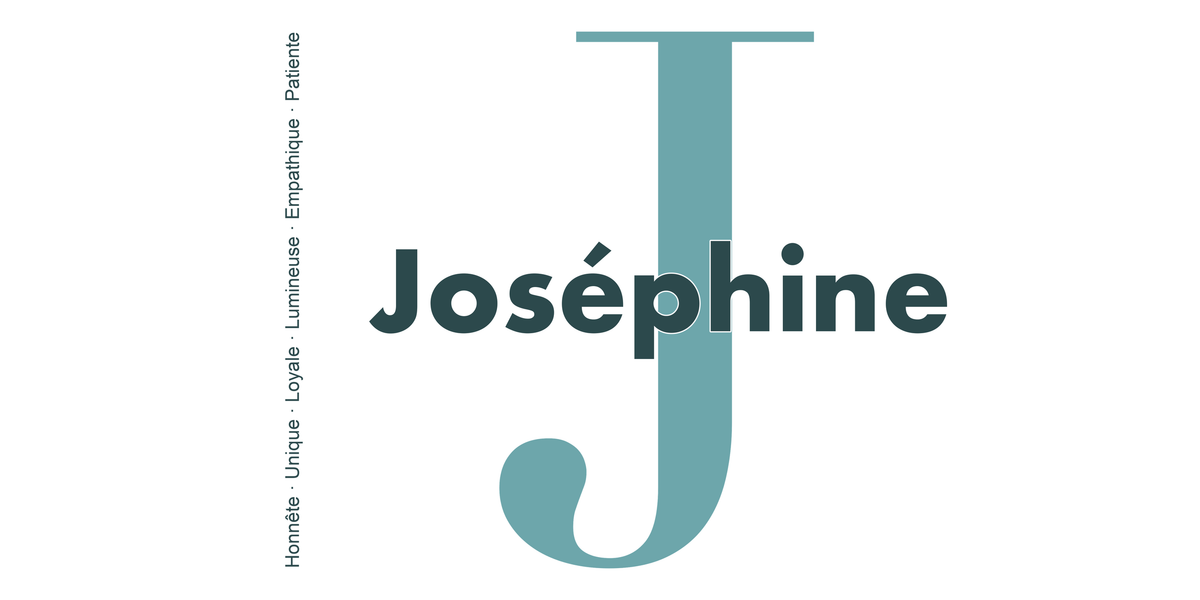 Visuel à plat du mug prénom Joséphine : initiale J pleine hauteur, prénom Joséphine centré et ligne verticale « Honnête · Unique · Loyale · Lumineuse · Empathique · Patiente »