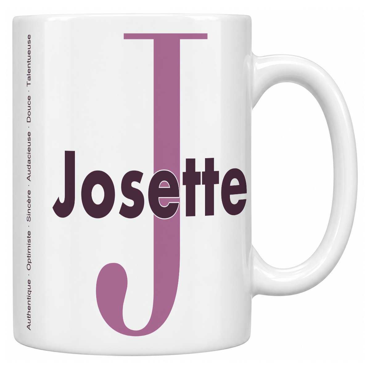 Mug blanc céramique 330 ml prénom Josette : grande initiale J, prénom Josette en lettres bold et six qualités verticales sur le côté