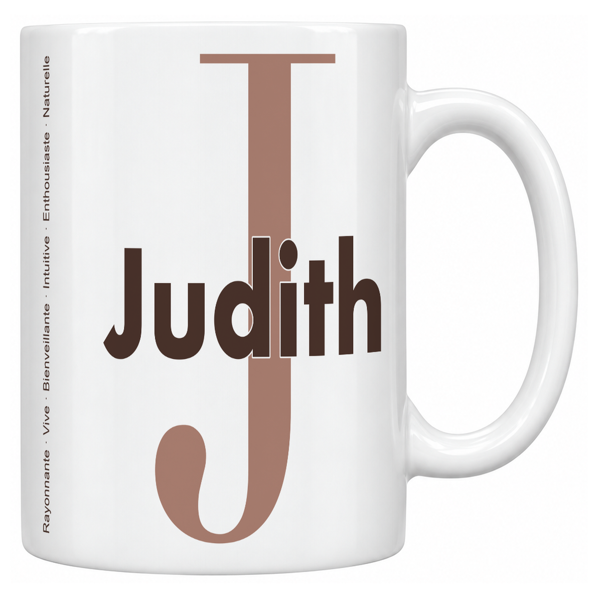 Mug blanc céramique 330 ml prénom Judith : grande initiale J, prénom Judith en lettres bold et six qualités verticales sur le côté