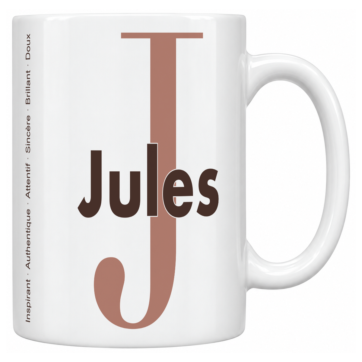 Mug blanc céramique 330 ml prénom Jules : grande initiale J, prénom Jules en lettres bold et six qualités verticales sur le côté