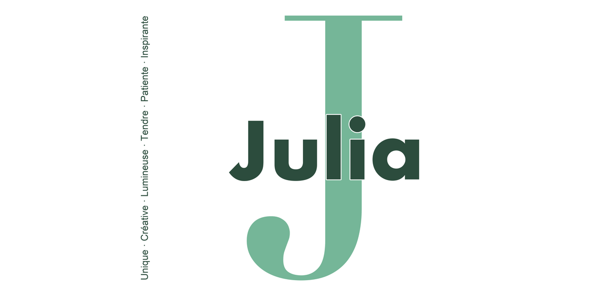 Visuel à plat du mug prénom Julia : initiale J pleine hauteur, prénom Julia centré et ligne verticale « Unique · Créative · Lumineuse · Tendre · Patiente · Inspirante »