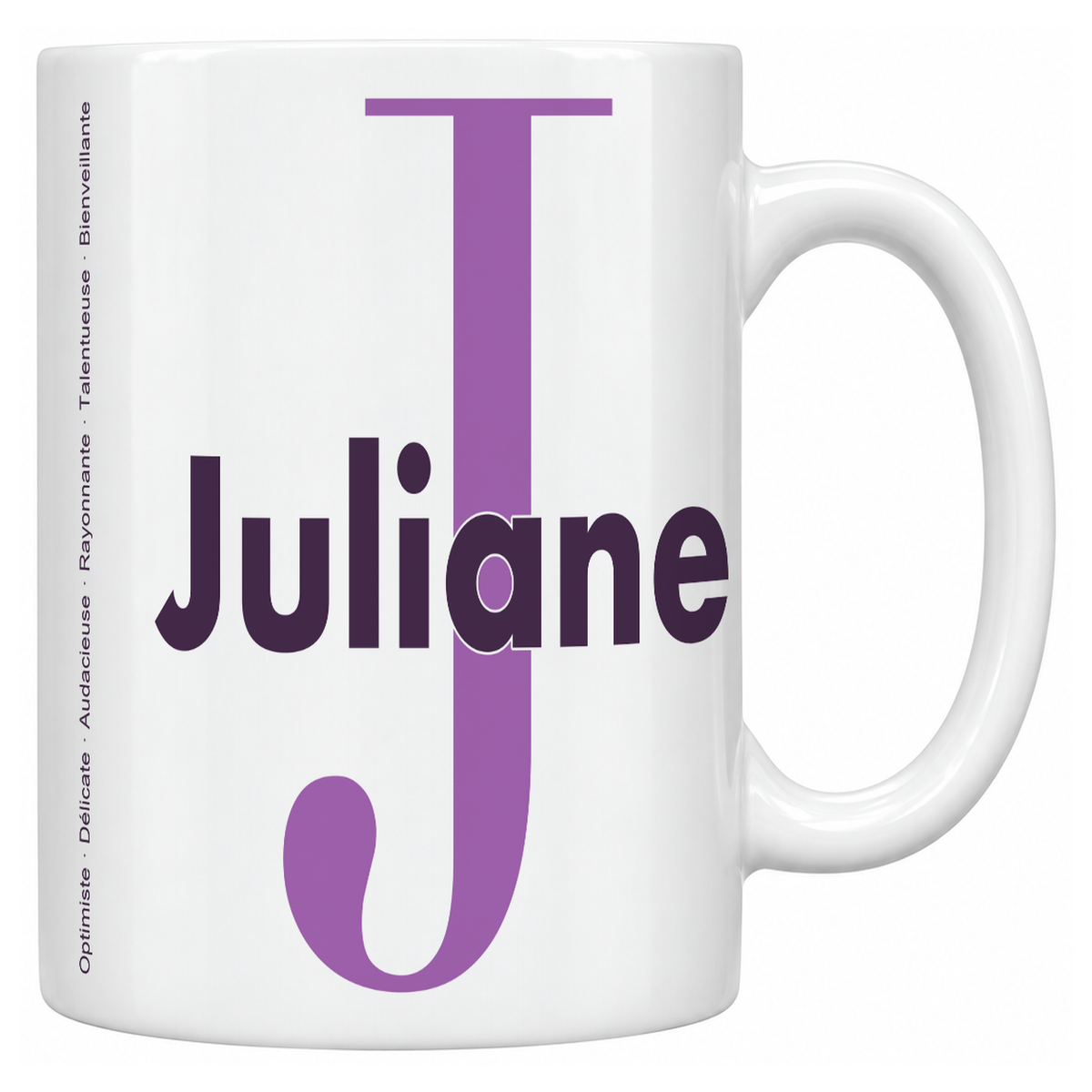 Mug blanc céramique 330 ml prénom Juliane : grande initiale J, prénom Juliane en lettres bold et six qualités verticales sur le côté
