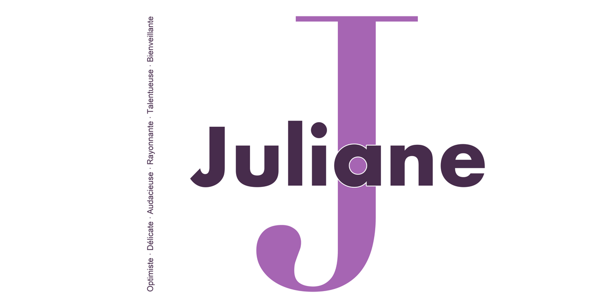 Visuel à plat du mug prénom Juliane : initiale J pleine hauteur, prénom Juliane centré et ligne verticale « Optimiste · Délicate · Audacieuse · Rayonnante · Talentueuse · Bienveillante »