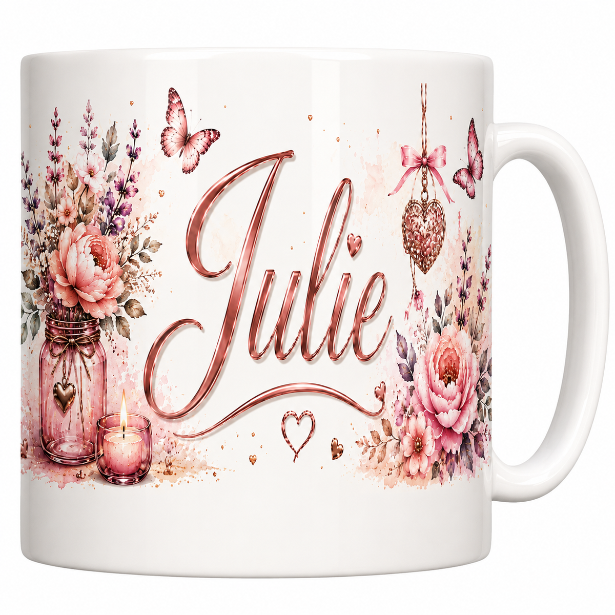 Mug céramique 330 ml prénom Julie : calligraphie rose doré, bouquet en bocal et cœur suspendu