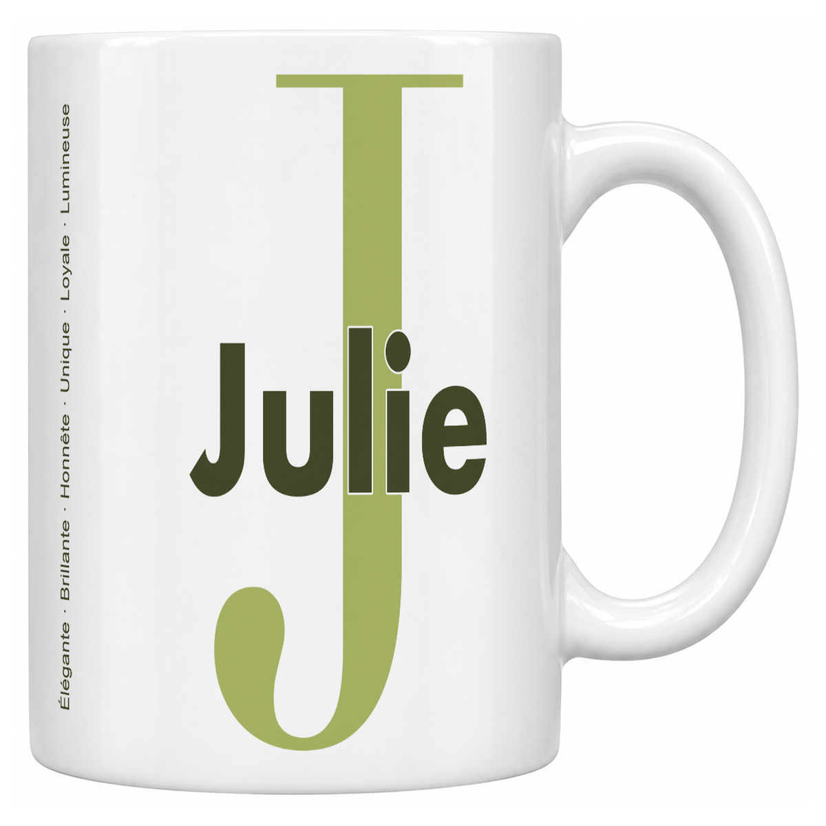 Mug blanc céramique 330 ml prénom Julie : grande initiale J, prénom Julie en lettres bold et six qualités verticales sur le côté