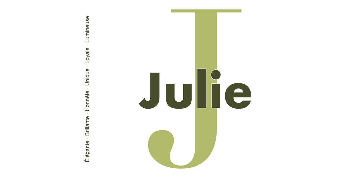 Visuel à plat du mug prénom Julie : initiale J pleine hauteur, prénom Julie centré et ligne verticale « Élégante · Brillante · Honnête · Unique · Loyale · Lumineuse »