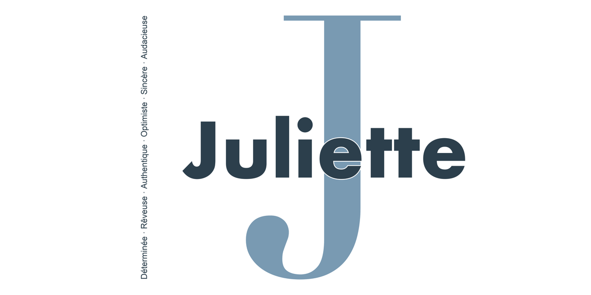 Visuel à plat du mug prénom Juliette : initiale J pleine hauteur, prénom Juliette centré et ligne verticale « Déterminée · Rêveuse · Authentique · Optimiste · Sincère · Audacieuse »
