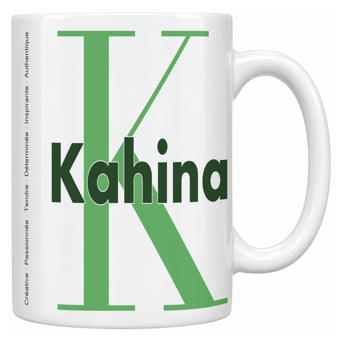 Mug blanc céramique 330 ml prénom Kahina : grande initiale K, prénom Kahina en lettres bold et six qualités verticales sur le côté