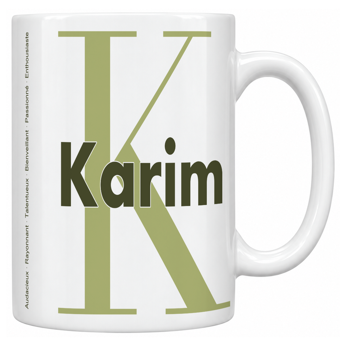 Mug blanc céramique 330 ml prénom Karim : grande initiale K, prénom Karim en lettres bold et six qualités verticales sur le côté