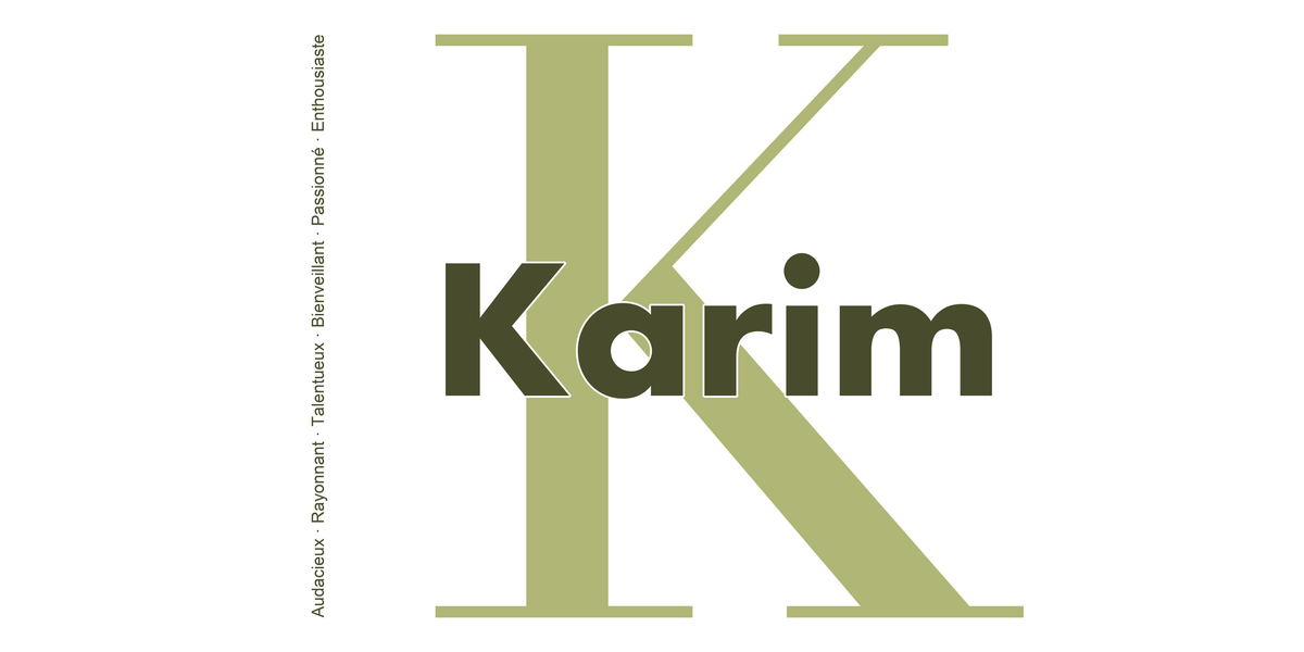 Visuel à plat du mug prénom Karim : initiale K pleine hauteur, prénom Karim centré et ligne verticale « Audacieux · Rayonnant · Talentueux · Bienveillant · Passionné · Enthousiaste »