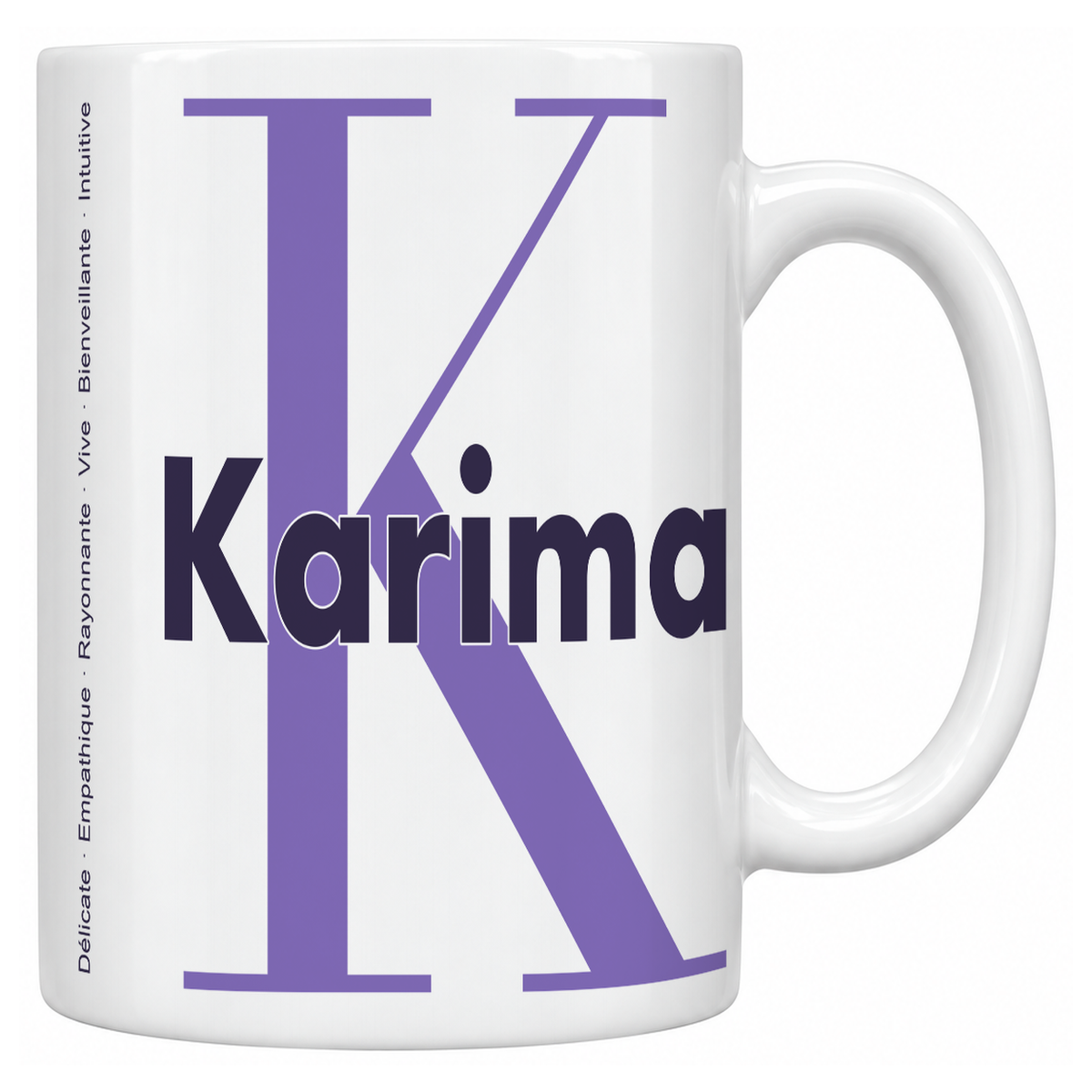 Mug blanc céramique 330 ml prénom Karima : grande initiale K, prénom Karima en lettres bold et six qualités verticales sur le côté