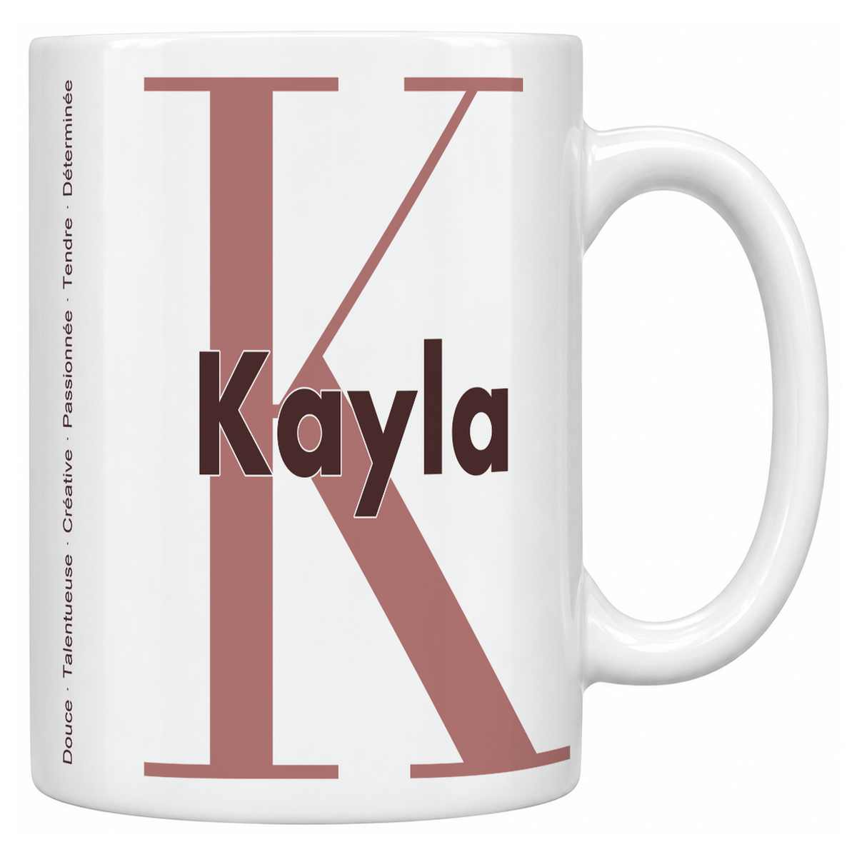 Mug blanc céramique 330 ml prénom Kayla : grande initiale K, prénom Kayla en lettres bold et six qualités verticales sur le côté