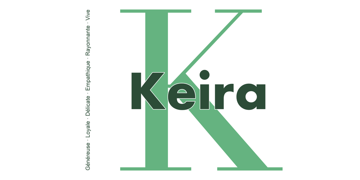 Visuel à plat du mug prénom Keira : initiale K pleine hauteur, prénom Keira centré et ligne verticale « Généreuse · Loyale · Délicate · Empathique · Rayonnante · Vive »