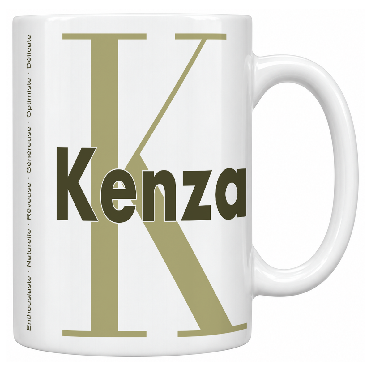 Mug blanc céramique 330 ml prénom Kenza : grande initiale K, prénom Kenza en lettres bold et six qualités verticales sur le côté