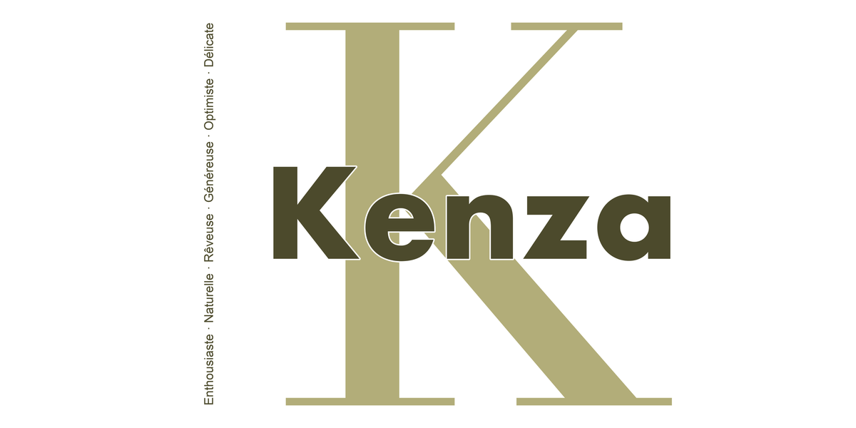 Visuel à plat du mug prénom Kenza : initiale K pleine hauteur, prénom Kenza centré et ligne verticale « Enthousiaste · Naturelle · Rêveuse · Généreuse · Optimiste · Délicate »
