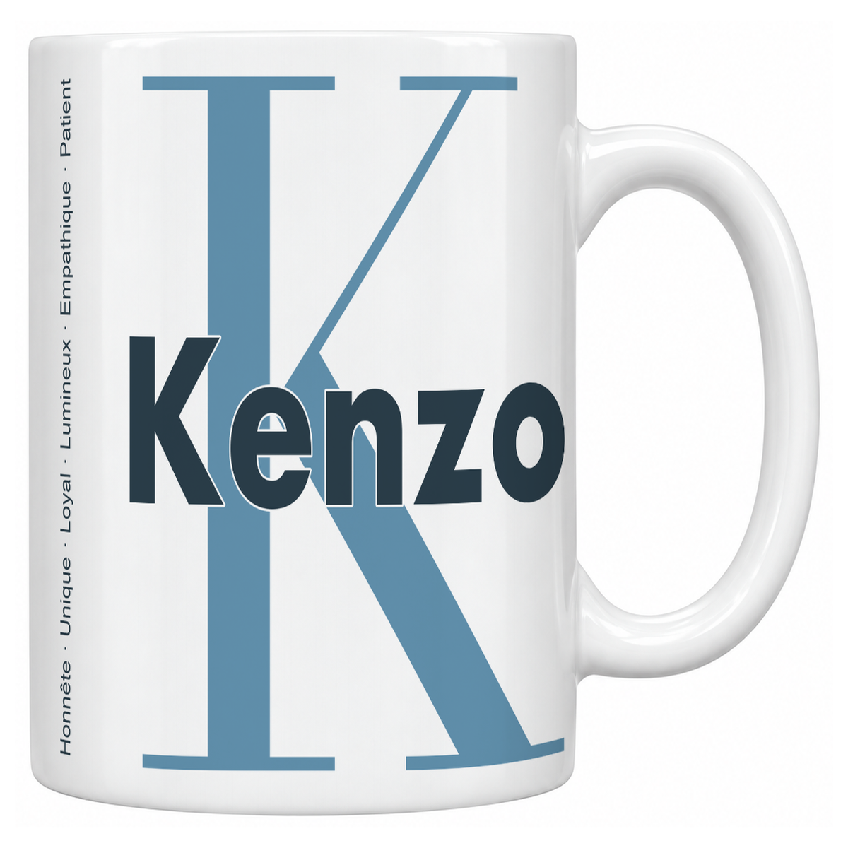 Mug blanc céramique 330 ml prénom Kenzo : grande initiale K, prénom Kenzo en lettres bold et six qualités verticales sur le côté