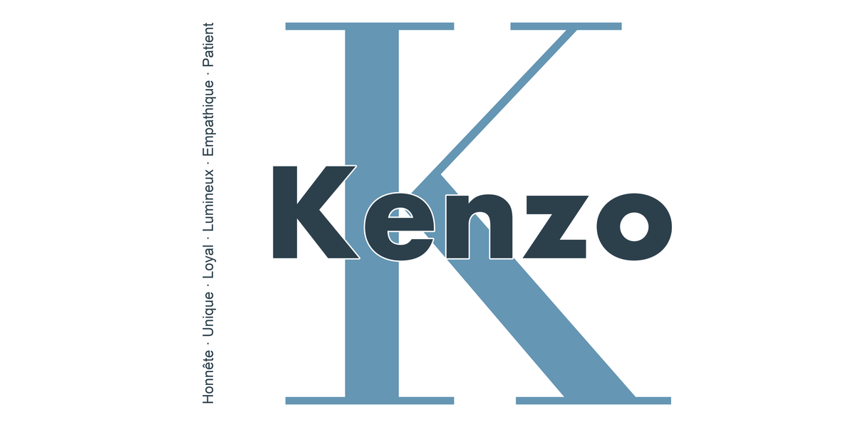 Visuel à plat du mug prénom Kenzo : initiale K pleine hauteur, prénom Kenzo centré et ligne verticale « Honnête · Unique · Loyal · Lumineux · Empathique · Patient »