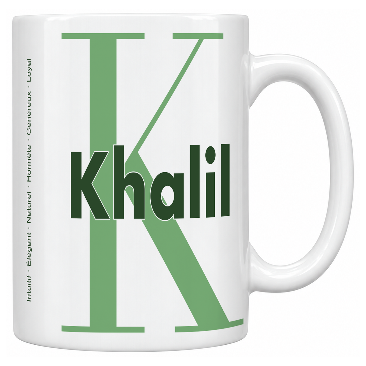 Mug blanc céramique 330 ml prénom Khalil : grande initiale K, prénom Khalil en lettres bold et six qualités verticales sur le côté