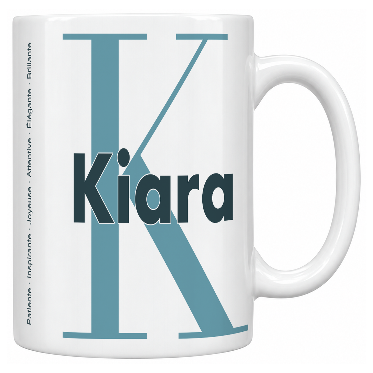 Mug blanc céramique 330 ml prénom Kiara : grande initiale K, prénom Kiara en lettres bold et six qualités verticales sur le côté