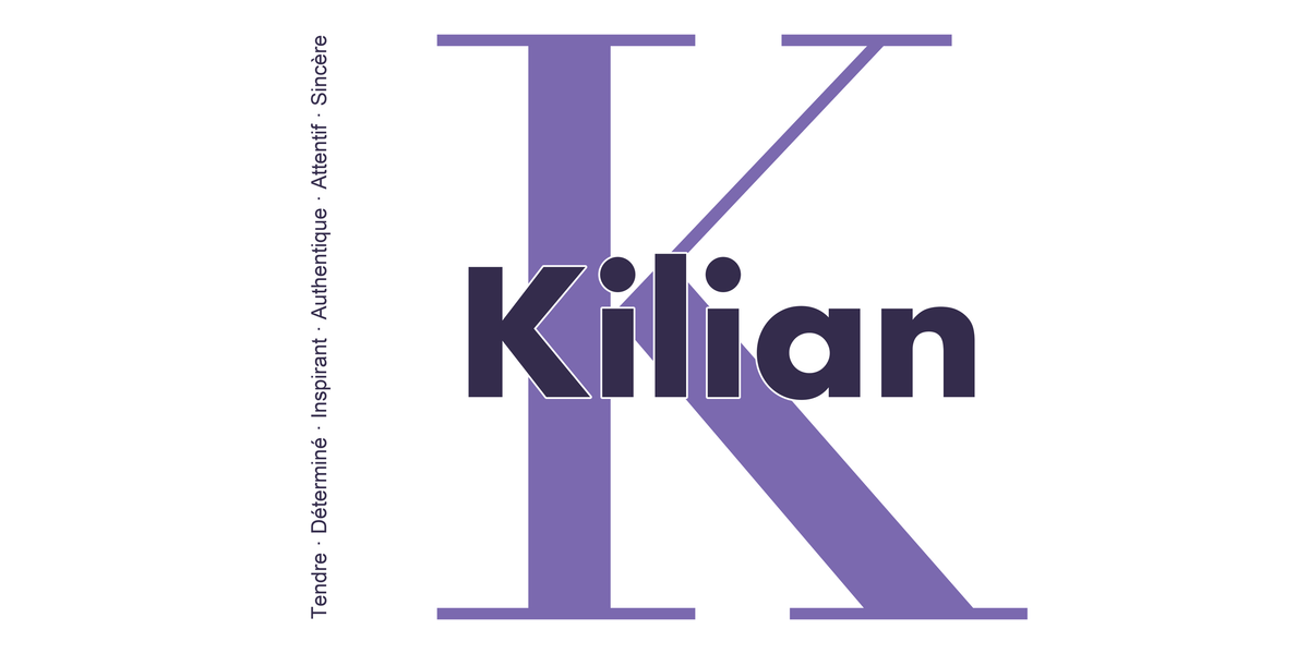Visuel à plat du mug prénom Kilian : initiale K pleine hauteur, prénom Kilian centré et ligne verticale « Tendre · Déterminé · Inspirant · Authentique · Attentif · Sincère »