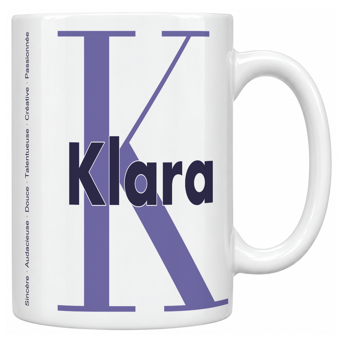 Mug blanc céramique 330 ml prénom Klara : grande initiale K, prénom Klara en lettres bold et six qualités verticales sur le côté