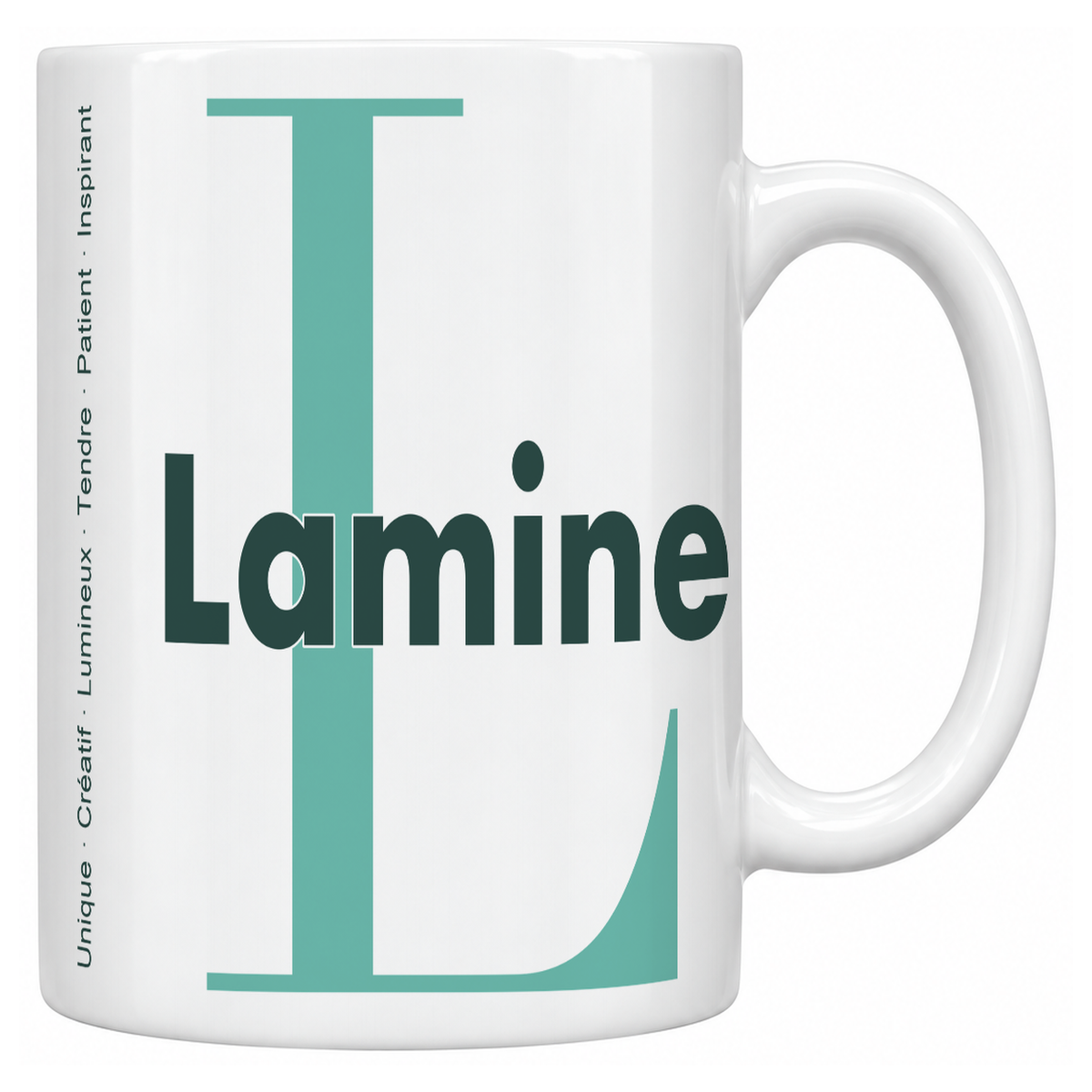 Mug blanc céramique 330 ml prénom Lamine : grande initiale L, prénom Lamine en lettres bold et six qualités verticales sur le côté
