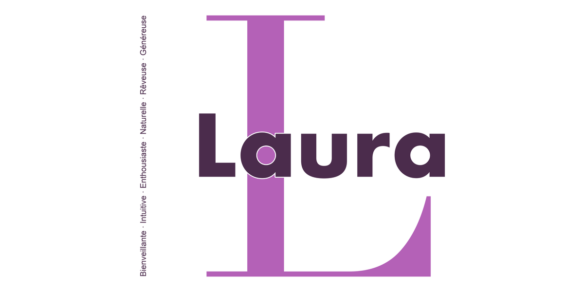 Visuel à plat du mug prénom Laura : initiale L pleine hauteur, prénom Laura centré et ligne verticale « Bienveillante · Intuitive · Enthousiaste · Naturelle · Rêveuse · Généreuse »