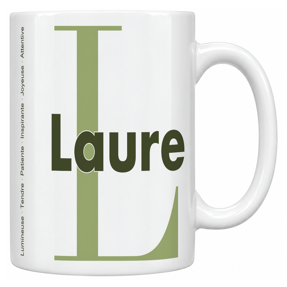Mug blanc céramique 330 ml prénom Laure : grande initiale L, prénom Laure en lettres bold et six qualités verticales sur le côté