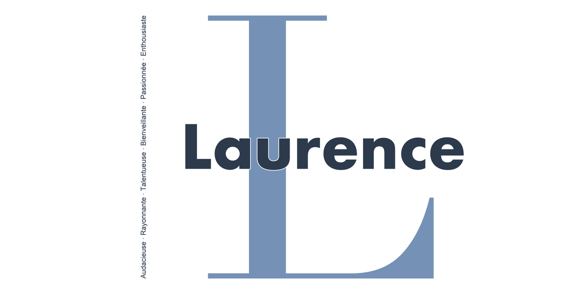 Visuel à plat du mug prénom Laurence : initiale L pleine hauteur, prénom Laurence centré et ligne verticale « Audacieuse · Rayonnante · Talentueuse · Bienveillante · Passionnée · Enthousiaste »