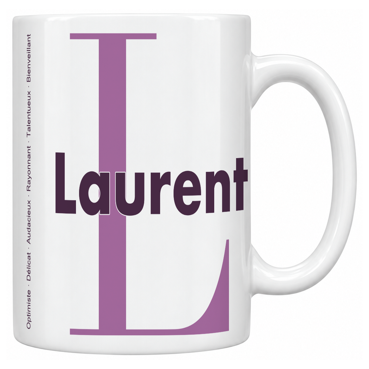 Mug blanc céramique 330 ml prénom Laurent : grande initiale L, prénom Laurent en lettres bold et six qualités verticales sur le côté