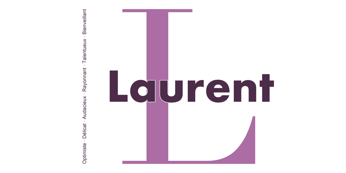 Visuel à plat du mug prénom Laurent : initiale L pleine hauteur, prénom Laurent centré et ligne verticale « Optimiste · Délicat · Audacieux · Rayonnant · Talentueux · Bienveillant »