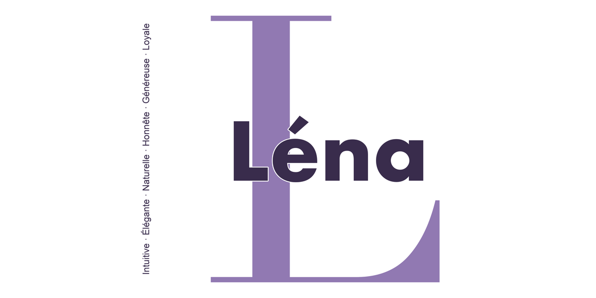 Visuel à plat du mug prénom Léna : initiale L pleine hauteur, prénom Léna centré et ligne verticale « Intuitive · Élégante · Naturelle · Honnête · Généreuse · Loyale »