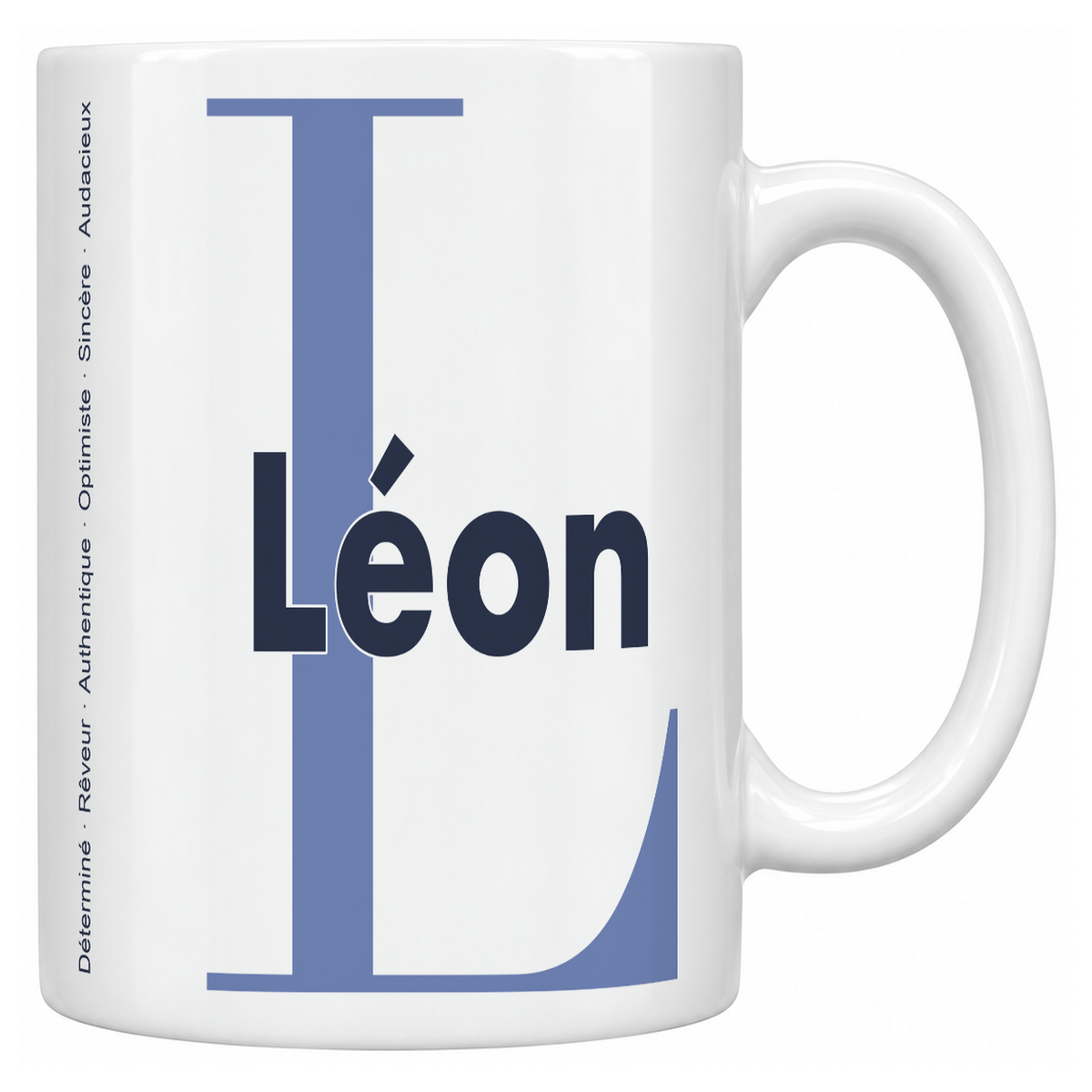 Mug blanc céramique 330 ml prénom Léon : grande initiale L, prénom Léon en lettres bold et six qualités verticales sur le côté