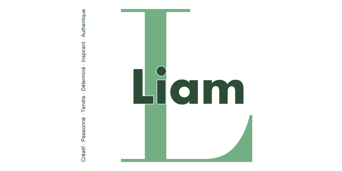 Visuel à plat du mug prénom Liam : initiale L pleine hauteur, prénom Liam centré et ligne verticale « Créatif · Passionné · Tendre · Déterminé · Inspirant · Authentique »