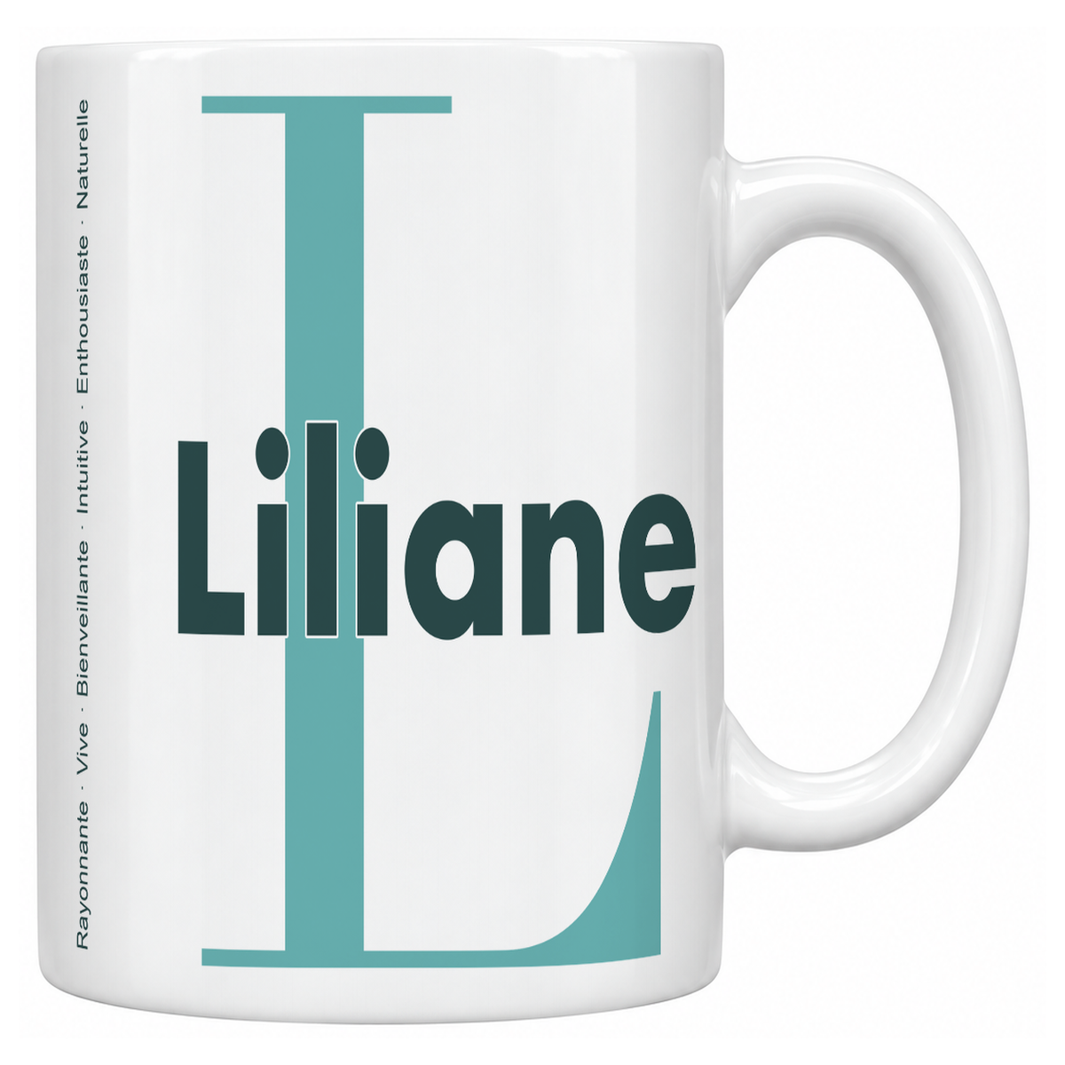 Mug blanc céramique 330 ml prénom Liliane : grande initiale L, prénom Liliane en lettres bold et six qualités verticales sur le côté