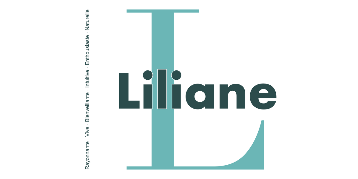 Visuel à plat du mug prénom Liliane : initiale L pleine hauteur, prénom Liliane centré et ligne verticale « Rayonnante · Vive · Bienveillante · Intuitive · Enthousiaste · Naturelle »