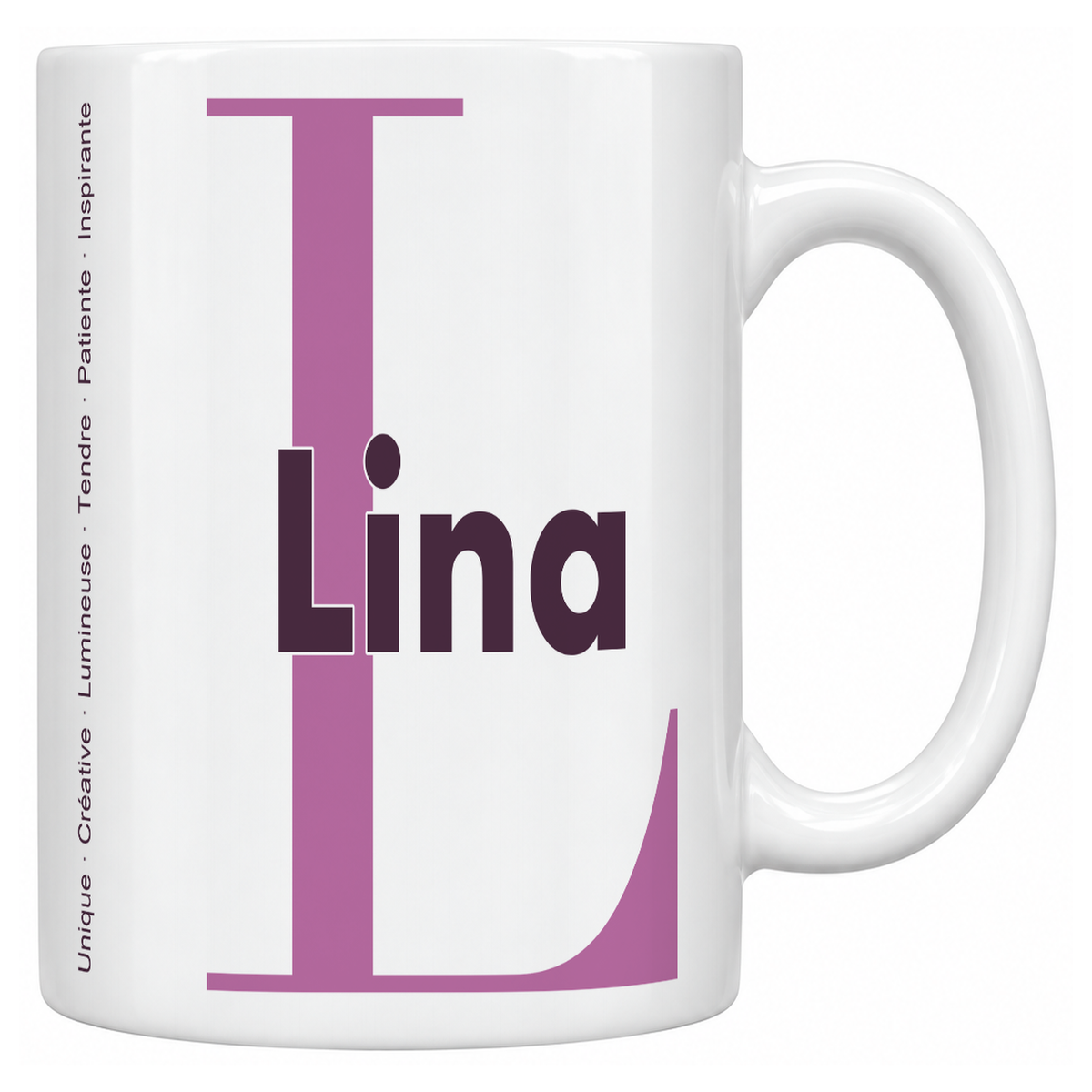 Mug blanc céramique 330 ml prénom Lina : grande initiale L, prénom Lina en lettres bold et six qualités verticales sur le côté