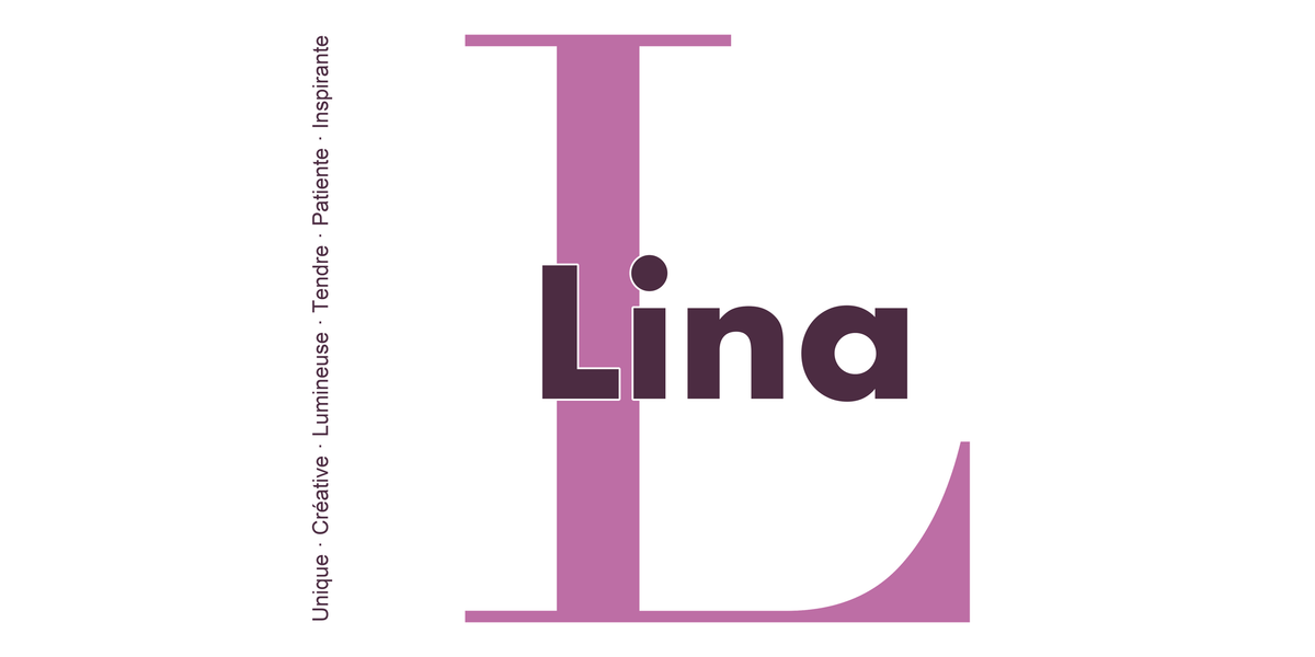 Visuel à plat du mug prénom Lina : initiale L pleine hauteur, prénom Lina centré et ligne verticale « Unique · Créative · Lumineuse · Tendre · Patiente · Inspirante »