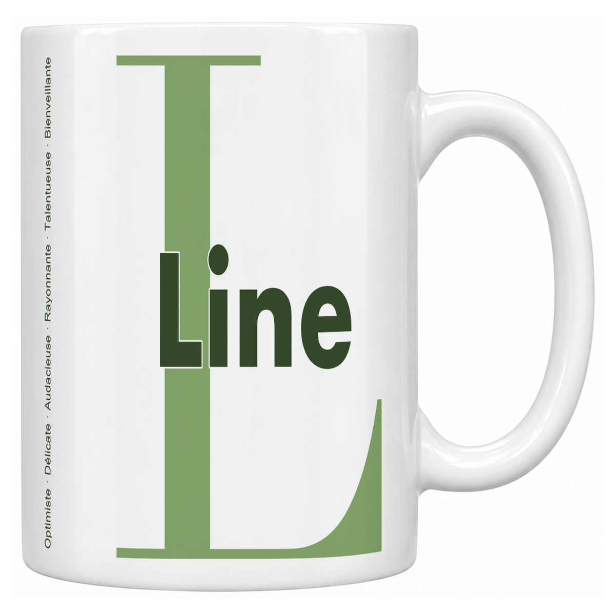 Mug blanc céramique 330 ml prénom Line : grande initiale L, prénom Line en lettres bold et six qualités verticales sur le côté