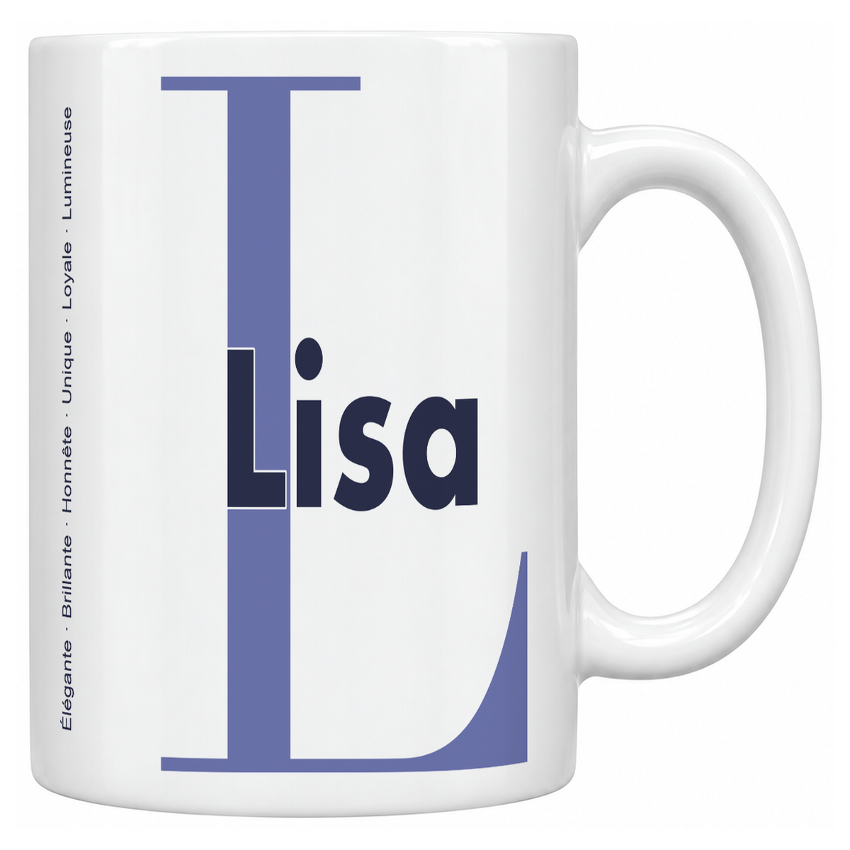 Mug blanc céramique 330 ml prénom Lisa : grande initiale L, prénom Lisa en lettres bold et six qualités verticales sur le côté