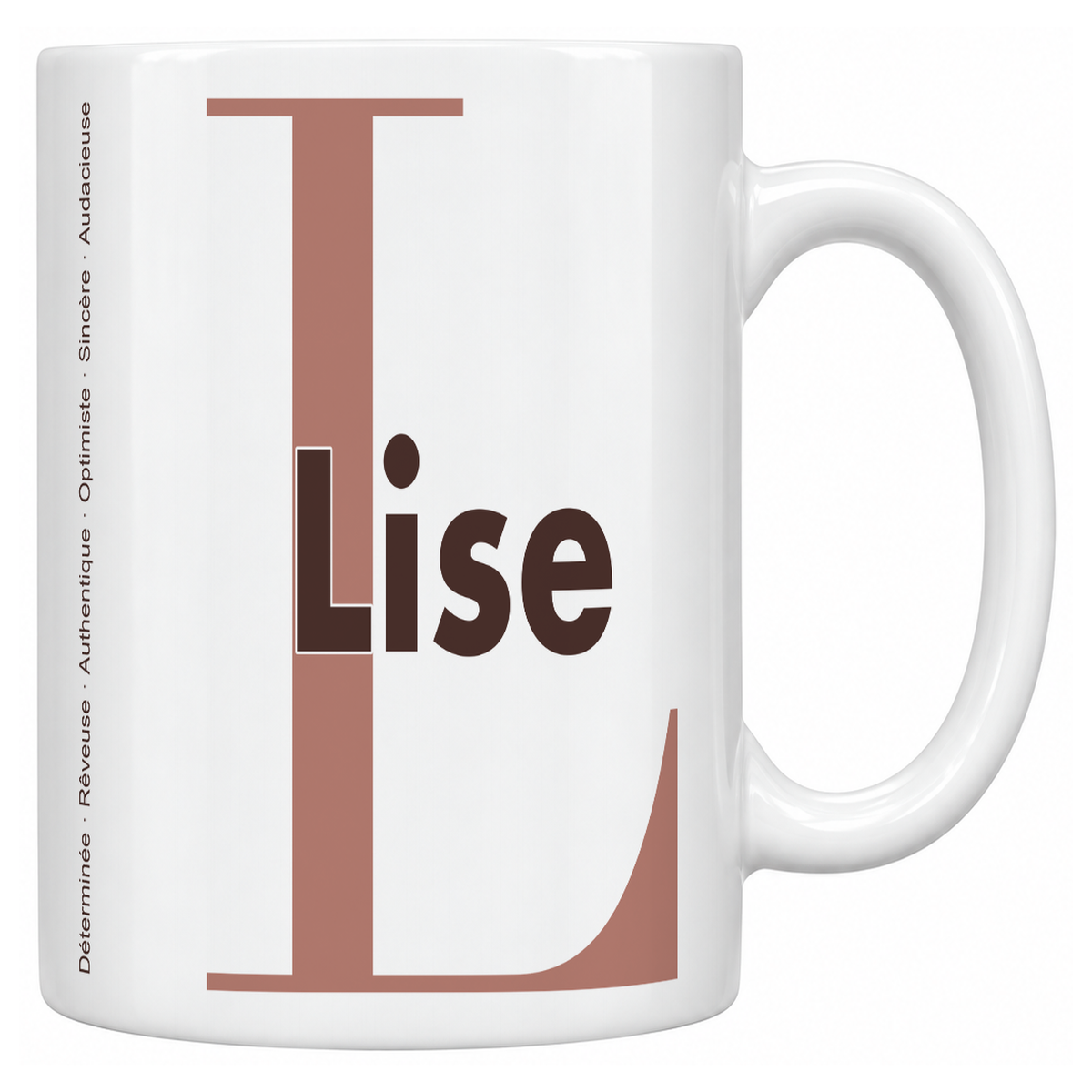 Mug blanc céramique 330 ml prénom Lise : grande initiale L, prénom Lise en lettres bold et six qualités verticales sur le côté