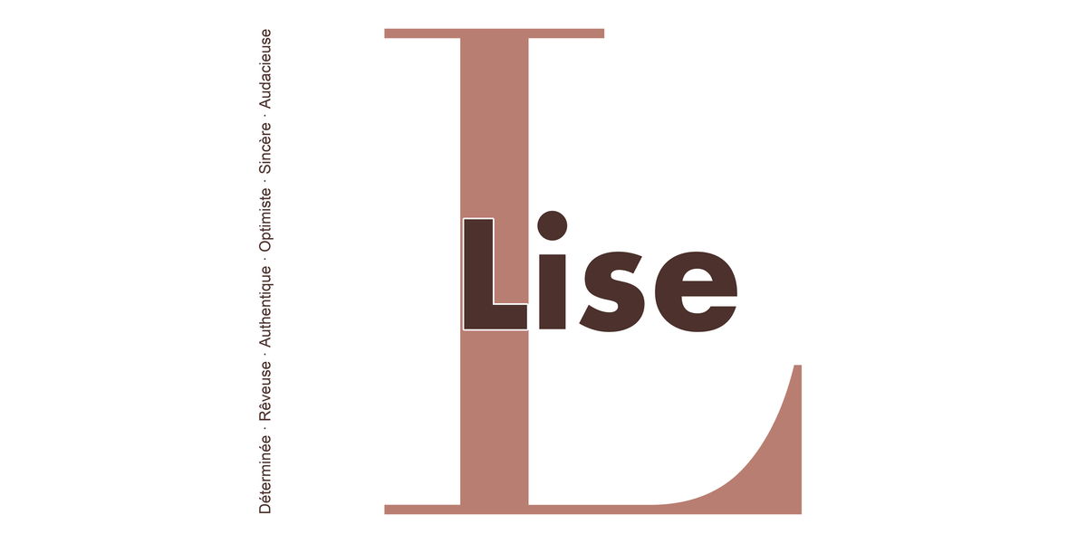 Visuel à plat du mug prénom Lise : initiale L pleine hauteur, prénom Lise centré et ligne verticale « Déterminée · Rêveuse · Authentique · Optimiste · Sincère · Audacieuse »