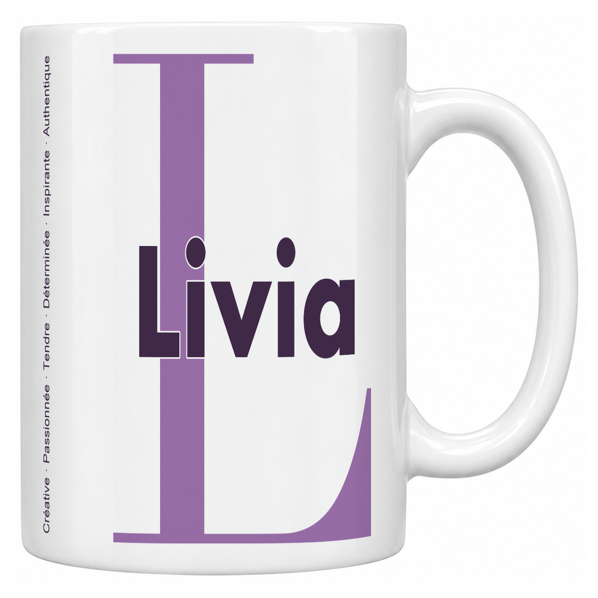 Mug blanc céramique 330 ml prénom Livia : grande initiale L, prénom Livia en lettres bold et six qualités verticales sur le côté