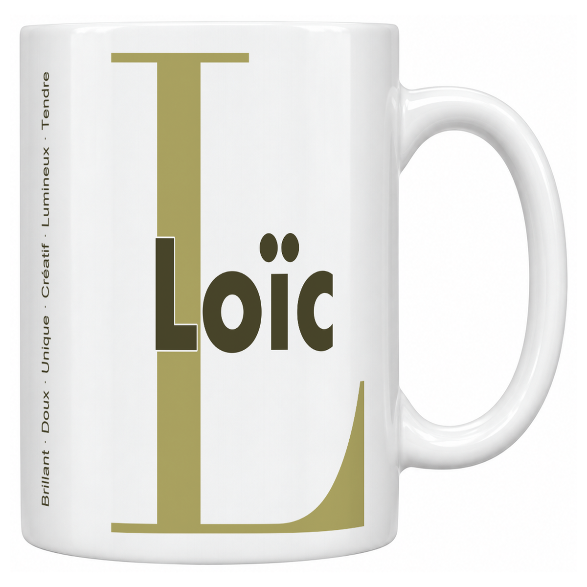Mug blanc céramique 330 ml prénom Loïc : grande initiale L, prénom Loïc en lettres bold et six qualités verticales sur le côté