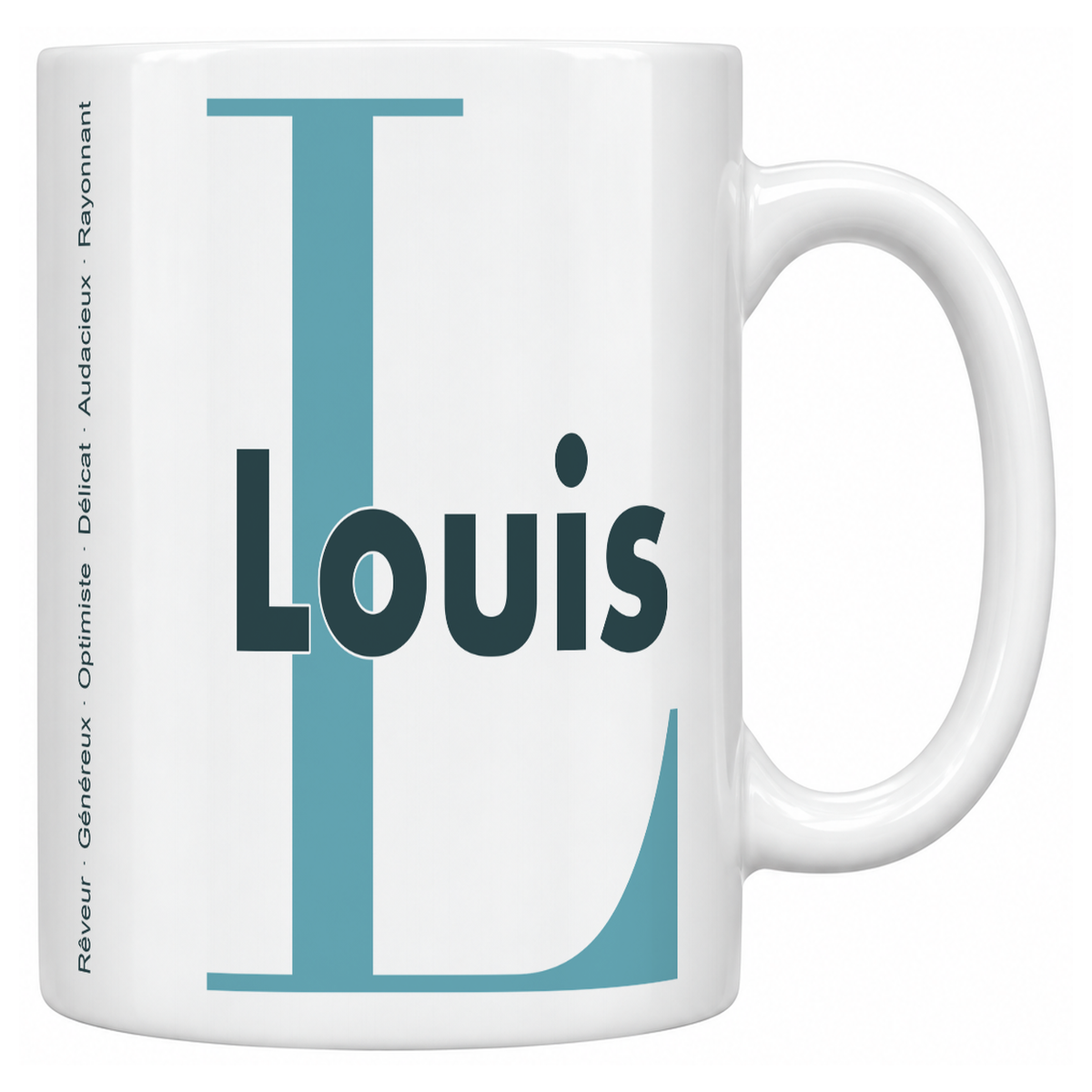Mug blanc céramique 330 ml prénom Louis : grande initiale L, prénom Louis en lettres bold et six qualités verticales sur le côté